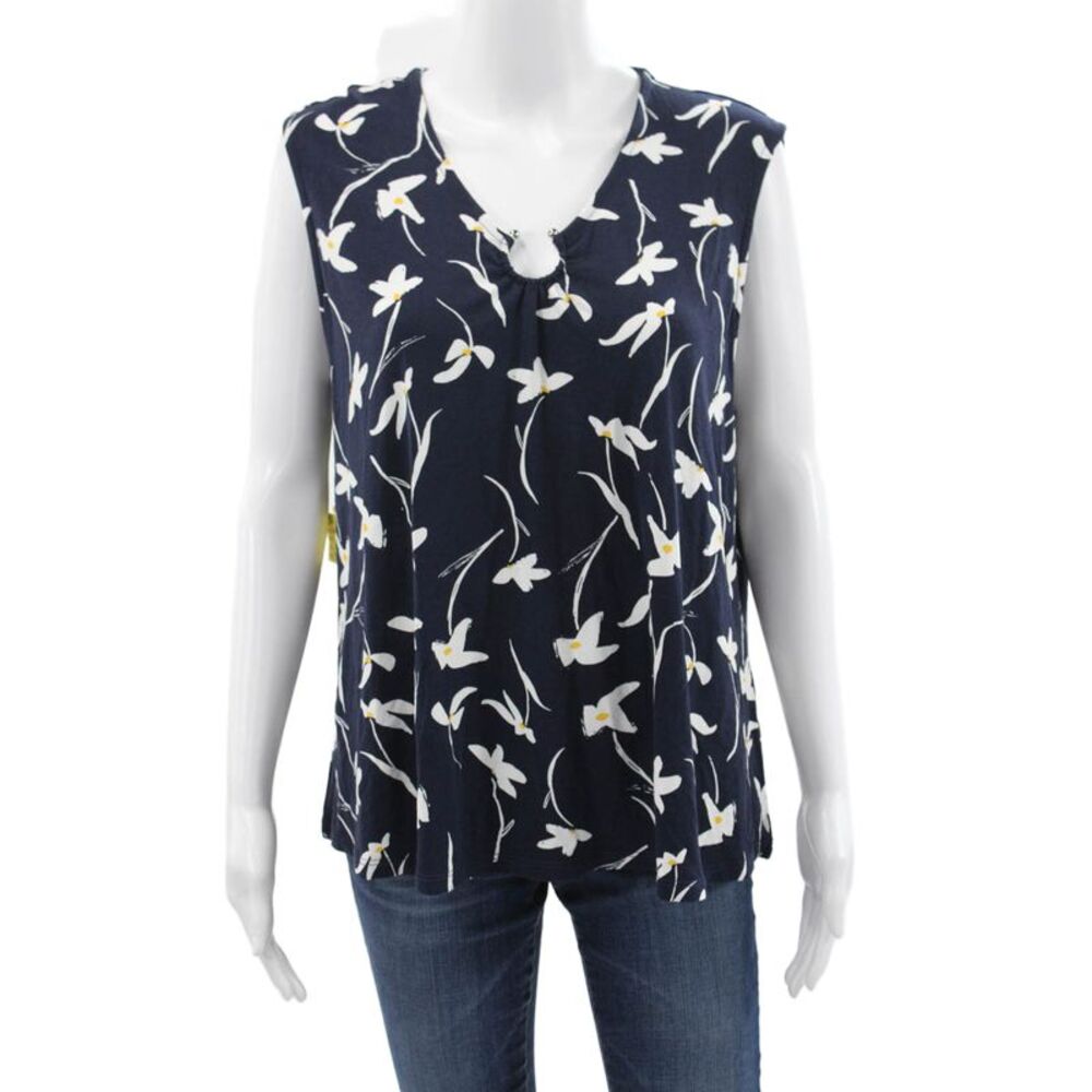 Pure Essence Women Sleeveless Floral V-Neck Basic Blouse Blue Size XL